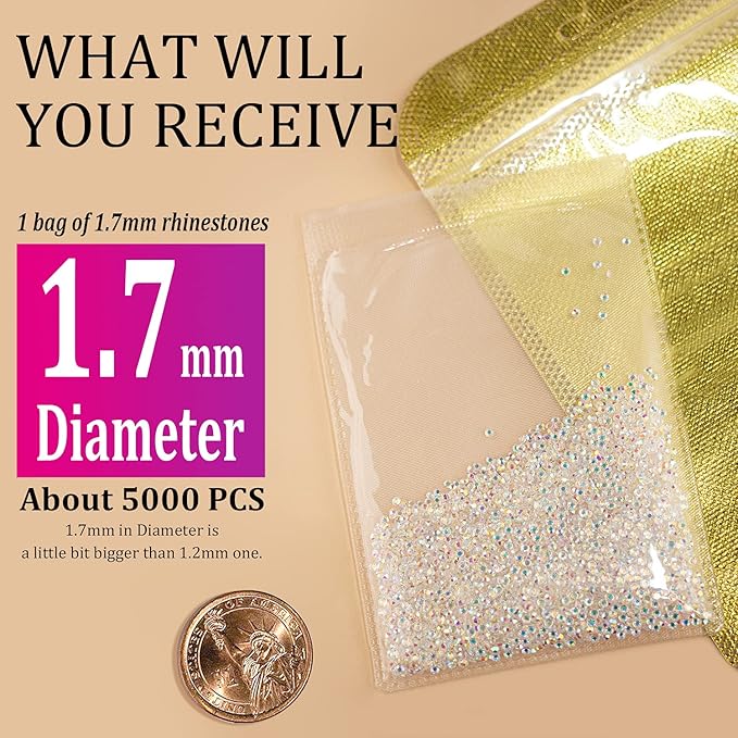 1.2mm and 1.7mm Tiny Nail Rhinestones 20000PCs Ultra Mini Pixie Clear AB Glass Crystals for Nail Art 15000pcs 1.2mm and 5000pcs 1.7mm Super Little Gems Iridescent Micro Dust Glitter Caviar Bead