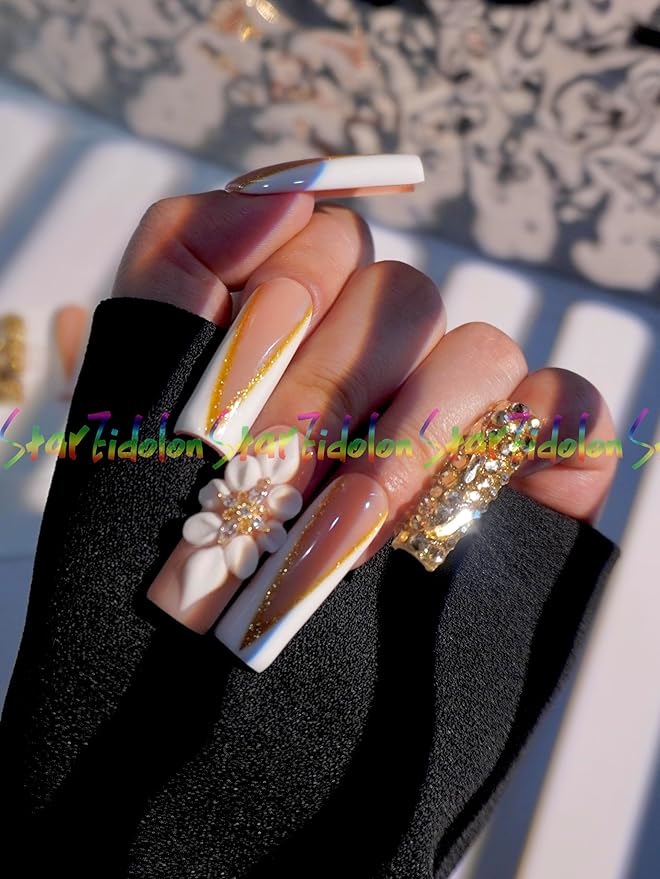 HAND-PAINTED White Press Ons Neon Small Press on Nails Long French Press on Nails Coffin Medium Short Nail art Fake Nail Art Kit with 7g Glue on Nails Handmade Almond Square Nails (TJ-15, Small)