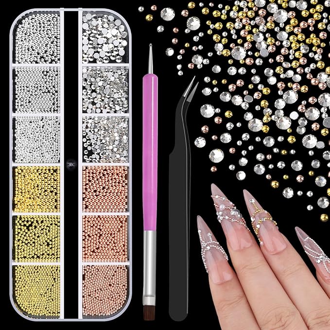 3D Mini Small Metal Stainless Steel Caviar Nail Beads Balls, 0.8-3mm Gold Silver Alloy Nail Art Chain Charms Studs with Tweezers and Dual-end Brush (4-K1-metal-beads-rhinestones)