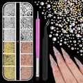 3D Mini Small Metal Stainless Steel Caviar Nail Beads Balls, 0.8-3mm Gold Silver Alloy Nail Art Chain Charms Studs with Tweezers and Dual-end Brush (4-K1-metal-beads-rhinestones)
