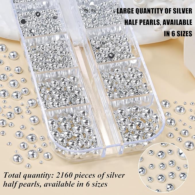 2160 Pcs Resin Half Round Pearls Kit, Mixed Sizes Flatback Silver Pearls, 3D Nail Decorations Pearls with Tweezers and Dual-end Brush for 3D Nail Crafts DIY, Face Makeup Gems Jewels(29-K1-2)