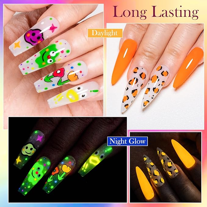 Glow in the Dark Paint for Nail Art Kit, 12 Colors Neon Luminous Polish, Fluorescent Bright Colors Yellow Green Blue Orange Soak off UV Gel With Glow Effect
