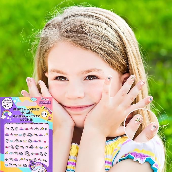 Unicorn Nail Stickers – 1 Sheet with 72 Stickers + 24 Rhinestones – Self-Adhesive Nail Art for Girls – Fun Activity & Gift Idea for Birthdays, Crafts, Party Bags and Playdates