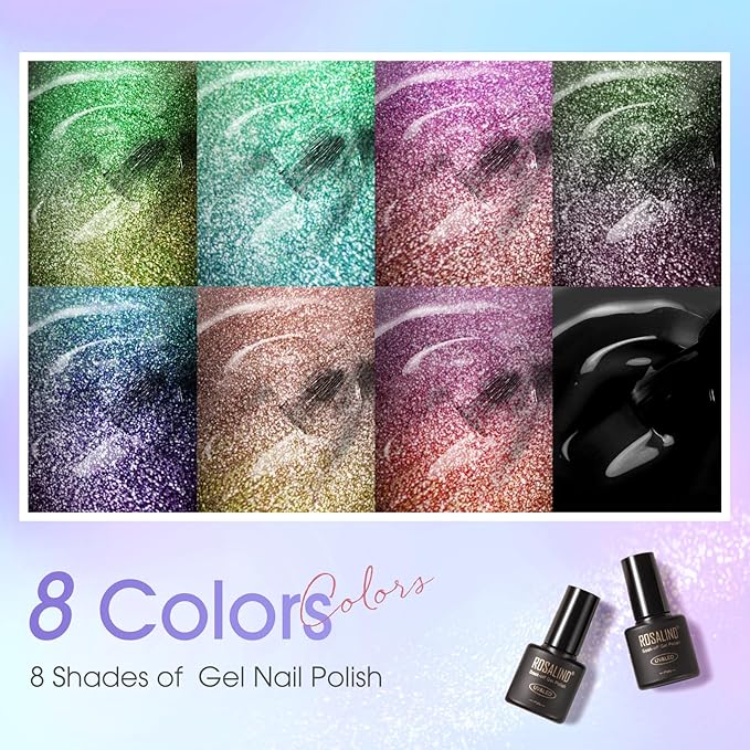 ROSALIND Cat Eye Gel Nail Polish with Magnet, 8 Colors Chameleon Magnetic Gel Polish Soak Off UV Double Magic Cateye Colors Nail Polish Set for Home Salon Manicure