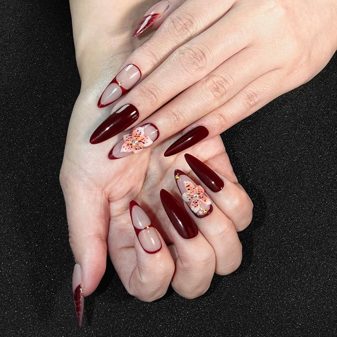 Handmade Stiletto Press on Nails Long Burgundy Glossy Gel Nails with 3D Flower Rhinestone Design, Reusable Stick on Fake Nails for Women (Size M)