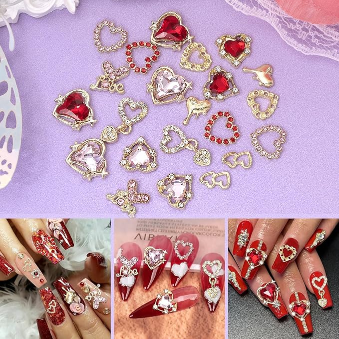 220 Pcs Gold Bow Heart and Acrylic Nail Art Charms, Love Nail Rhinestone and Gems, Pink Red Hearts Bowknot Junk Case Charms for Y2K Nail Art Manicure Design