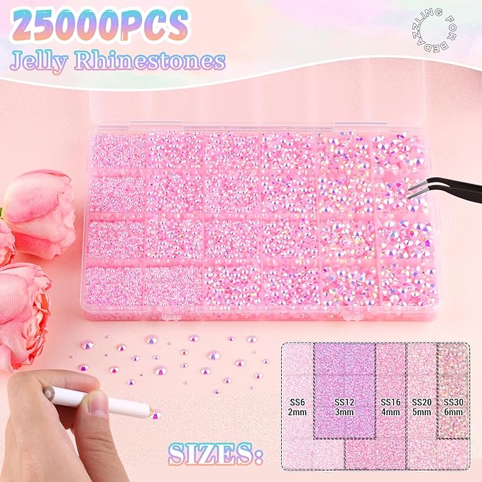 25000Pcs Light Pink AB Rhinestones for Bedazzling with B7000 Jewelry Glue, Non Hotfix Flatback Gems, Crystal Resin Rhinestones for Crafting Crafts Clothing Tumblers Mugs Shoes Fabric Decor Nail Art