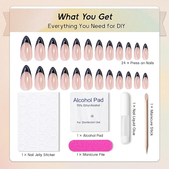 Pearlescent Press on Nails Medium, Glazed Black French Fake Nails Almond Chrome Acrylic Press Ons for Women, Natural Fit Full Cover Glue on Nails in 12 Sizes - 24 Pieces Nail Kit