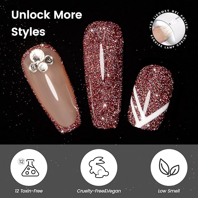 YTD Likomey Gel Nail Polish,15ml Colorful Reflective Glitter Burgundy Flash Diamond Shimmer Gel,Sparkly Shiny Salon Home Nail Art Manicure Dark Cherry Red Fall Winter UV Nail Gel,SZ398