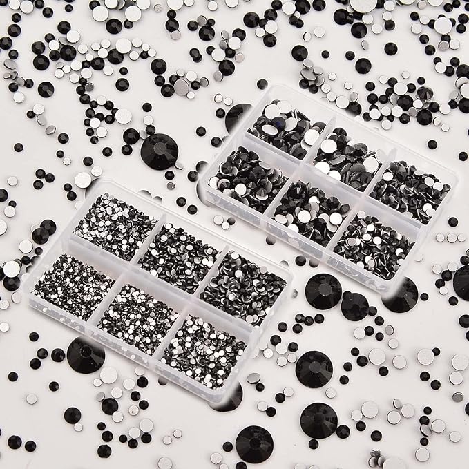 NCB 8000pcs Non Hotfix Rhinestones 10 Sizes Flatback Crystal Glass Rhinestones with Tweezers and Picking Pen for Nail Art Clothes Bags Phone Decorations Crafts DIY (002 Black Mix SS3-SS30)
