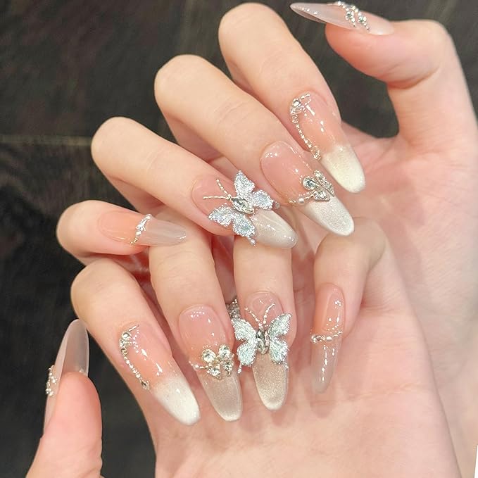 Handmade Press on Nails Stiletto Elegant Almond Shaped Nails in Pink and White Embellished with Rhinestone Butterflies Handmade Stiletto Press on Nails 3D Luxury Press on Nails（S）