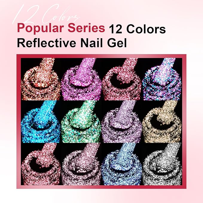 Reflective Glitter Gel Polish Set, 12 Colors Silver Pink Sparkly Glitter Shimmery Gel Polish Shiny Disco Soak Off Gel Nail Polish Nail Art Manicure Salon DIY at Home Gifts for Women Girls
