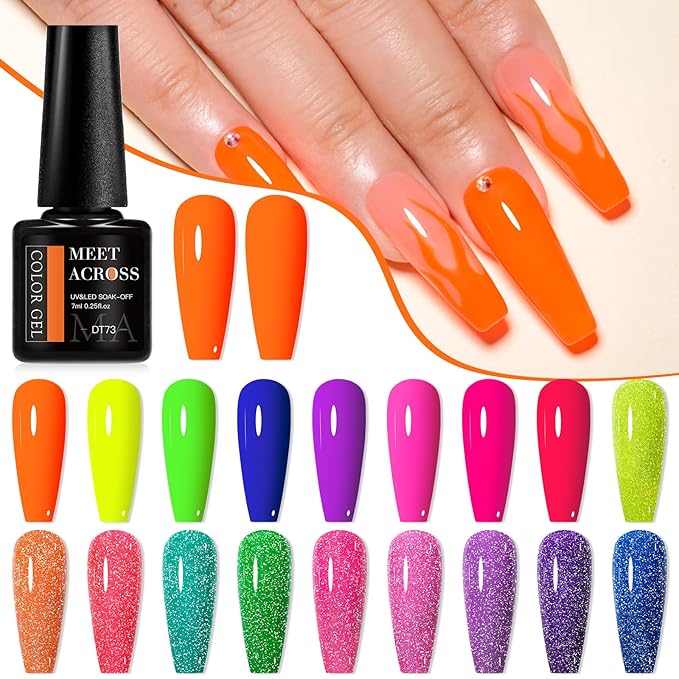 MEET ACROSS 18 Colors Gel Nail Polish Set Neon Gel Polish + Reflective Glitter Neon Gel Nail Polish Hot Pink Purple Green Soak Off UV/LED Nail Polish Kit for Party Nails