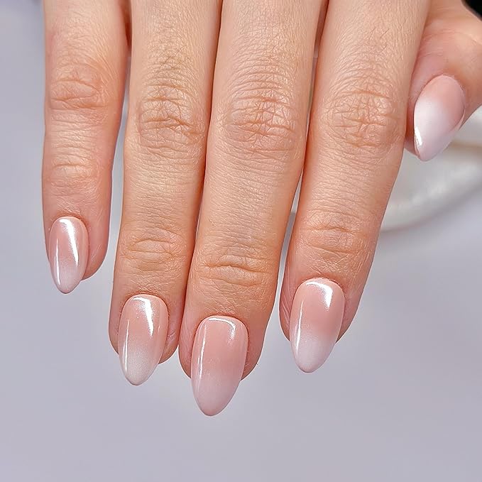 Hand Painted Handmade Press On Nails Short Almond Ombre Pink White with an Ultra-Glossy Mirror Finish.Reusable Soft Gel Nails in 15 Sizes -30 Nail Kit with Glue | Designed in LA|Vanilla Cream
