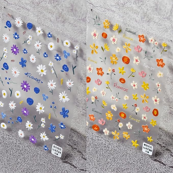 Dedyel Small Daisy Little Wild Flower Nail Stickers 5D Embossed Wildflower Nail Stickers Spring Summer Red Yellow Blue White Flower Design Nail Art Decoration for Women Girls Kids
