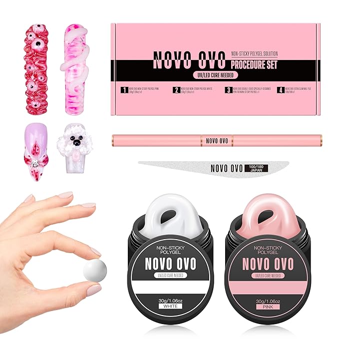 NOVO OVO Upgraded NON-STICKY Polygel Solution Procedure Set, White and Pink non-sticky Poly Gel, Dual-Ended Nail Pen, Extra Slim Nail File, Easy to Use Together with Toe or Hand Nail Dual Forms