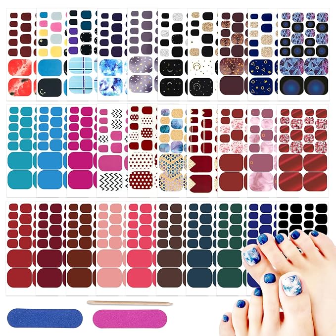 Toe Nail Stickers, DANNEASY 660pcs/30 Sheets Toenails Polish Strips Toes Nail Wraps for Women, UV Free | Self Adhesive Gel Strips Nails with 2 File, 1 Wooden Stick - Solid & Mix Design