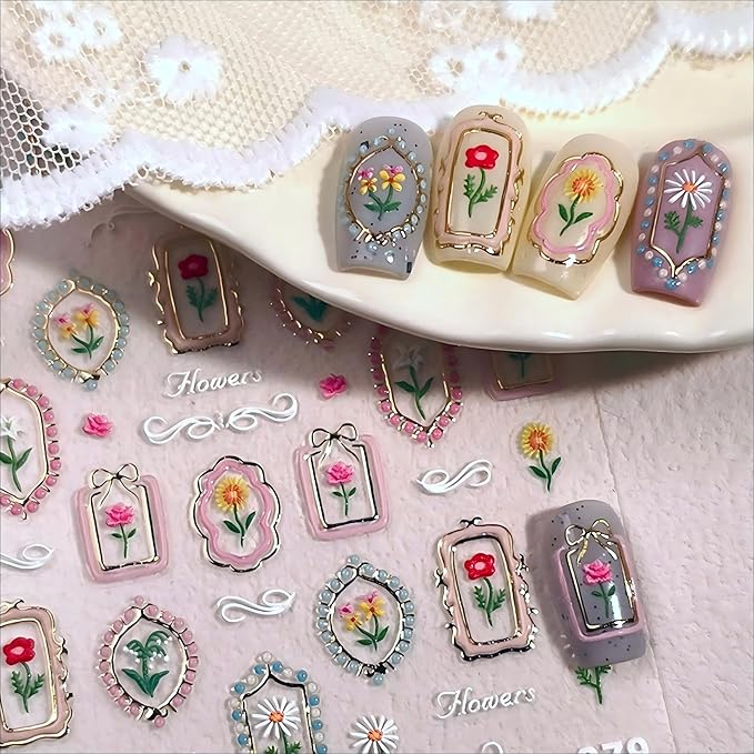 Dedyel Hot Stamping Wildflowers Nail Stickers 5D Embossed Wildflower Nail Stickers Spring Summer Red Yellow Blue White Flower Design Nail Art Decoration for Women Girls Kids