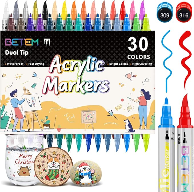Betem Nail Art Pens Set, 30 Colors Dual-Tip Nail Art Markers, 3D Quick-Drying Nail Polish Pens, Acrylic Paint Markers for DIY Nail Design, Nail Liner Brush & Dotting Tool for Home & Salon DIY