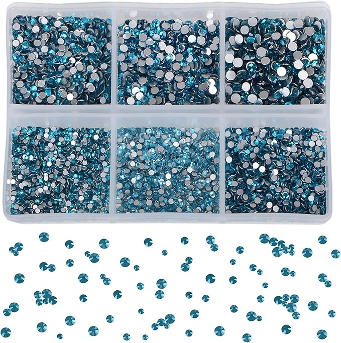 Bymitel 7200 Pieces 6 Mixed Sizes Glue Fix on Glass Rhinestones Round Crystal Gems Flatback for DIY Jewelry Making with one Picking Pen (6-Sizes 7200PCS, Blue Zircon)