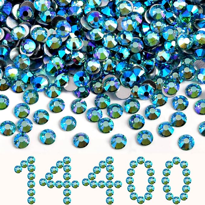 Beadsland Flatback Rhinestones Bulk,14400pcs Rhinestones for Nails Crafts Clothes DIY Decoration, Aquamarine AB, SS10, 2.7-2.9mm
