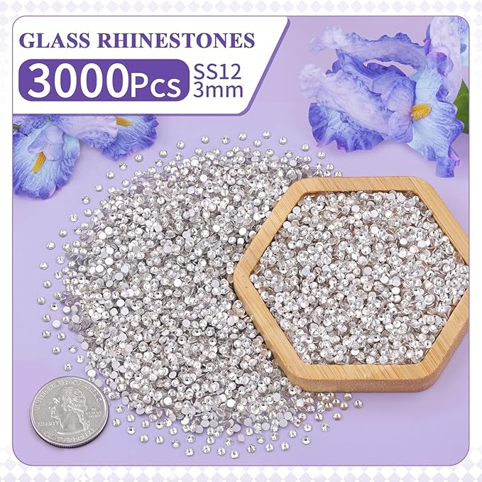 3000PCS SS12/3mm Crystal Rhinestones (Clear) with 2Pcs 10ml B7000 Jewelry Glue, Bedazzling Flatback Glass Rhinestones for Crafting Decor, Gems Diomand Charms for Tumbler Shoes Clothing Mugs Nail Art