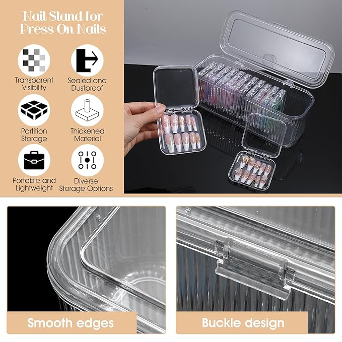 Press On Nail Orgnizer 14 PCS Clear Press On Nail Storage Boxes and 1 Big Storage box with 60 Pcs Adhesive Double Sided Tape, On Packaging for Fake Display Salon