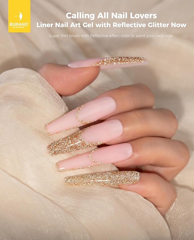 BURANO Gel Nail Polish Liner Nail Art Polish, Silver Gold Painted Gel Nail Design Polish 2 Bottle 8ml, Build in Thin Nail Brush Curing Required LX27 LX21