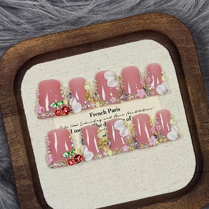 Duckbill Shape Press on Nails with Kit,3D Floral Carving Cherry Blush Pink Fake Nails with Tools,Sparkling Icy French Tips False Nails with Rhinestone,Sweet Glazed Artificial Duckbill Nails(M)