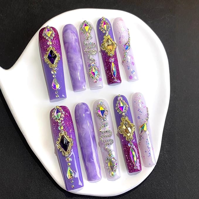 Extra Long Handmade Press On Nails Square Violet Fake Nails Glitter Full Cover False Nails with Glue Luxury Rhinestones and Charms Designs Acrylic Stick on Nail for Women Manicure 10Pcs(Size M)