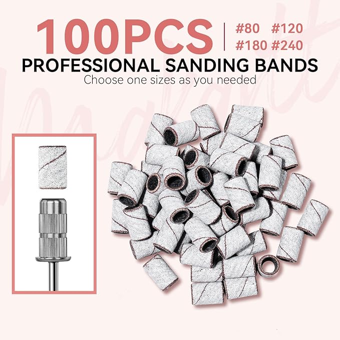 Makartt Sanding Bands for Nail Drill - 100 Pcs Nail File Sanding Bands for Drill Bits #240 Medium Grits for Acrylic Nails Gel Removing and Shaping, Upgrade Thicker Durable Sanding Drill Bit, White