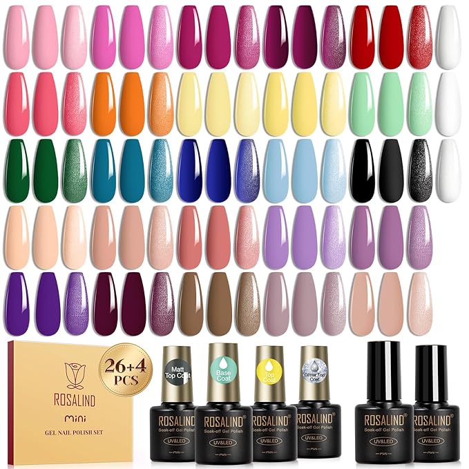 ROSALIND 30pcs Gel Nail Polish Set with Base and Glossy & Matte & Glitter Top Coat, 26 Colors Gel Polish Set Pink Nude Red Yellow Green Black White Nail Kit LED Needed Salon DIY Home Gift for Women