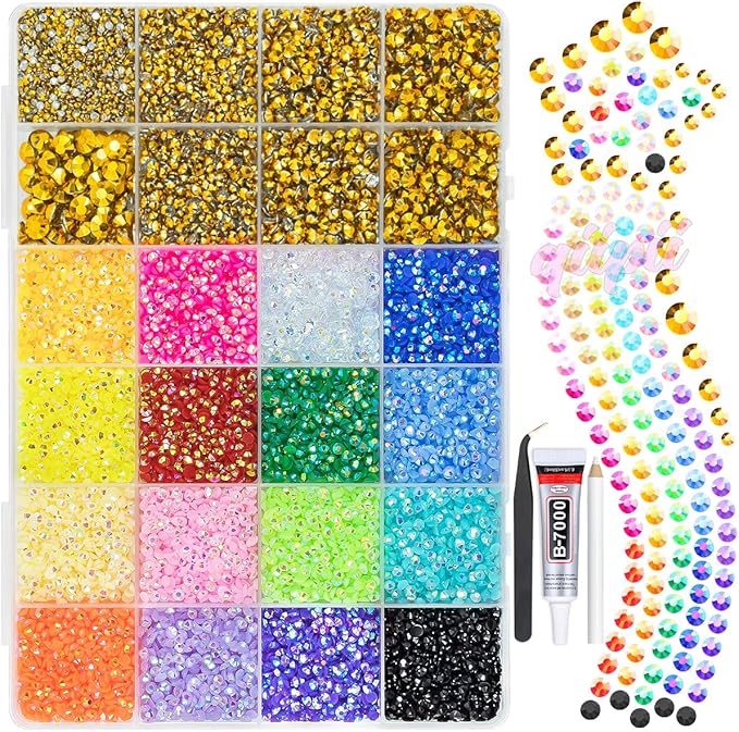 2mm-6mm Golden Resin Rhinestones w B7000 Glue for Crafting Bedazzling Flatback Colorful Jelly Stones Diamonds Gems Bedazzler Kit for Nails Face Eyes Makeup Tumblers Bottles Crafts Shoes Phones