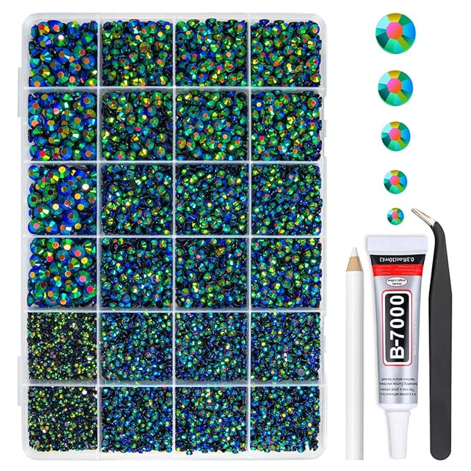 Peacok Green AB Resin Rhinestones w B7000 Glue for Bedazzling Crafting 2mm 3mm 4mm 5mm 6mm Flatback Jelly Stones Diamonds Gems Bedazzler Kit for Nails Face Eyes Makeup Tumblers Bottles Crafts