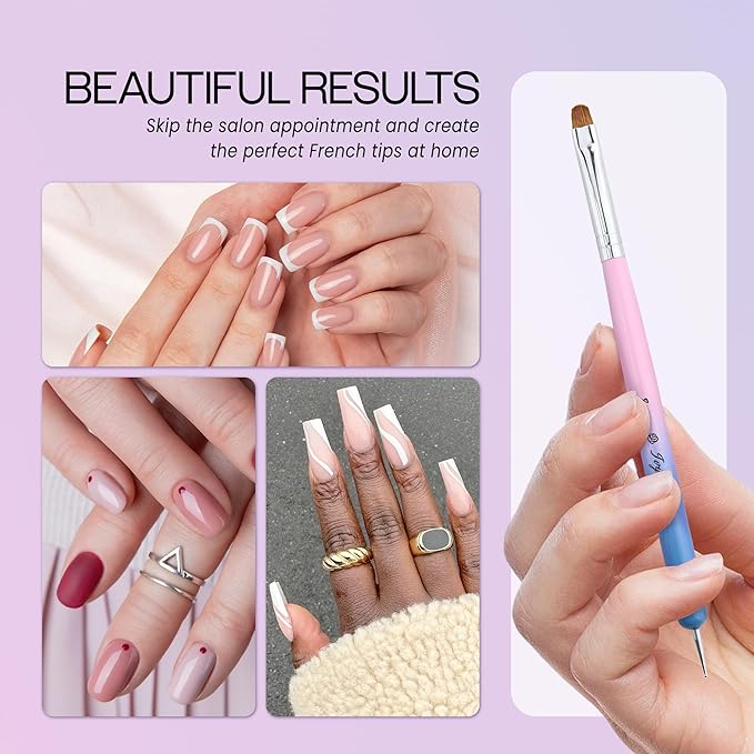 Ivy-L Premium 2 Way French Gel Acrylic Nail Art Kolinsky Brush With Dotting Tool for Professional Manicure Cuticle Clean Up Nail Art Design, Pink Blue Wood Handle (Size 8)