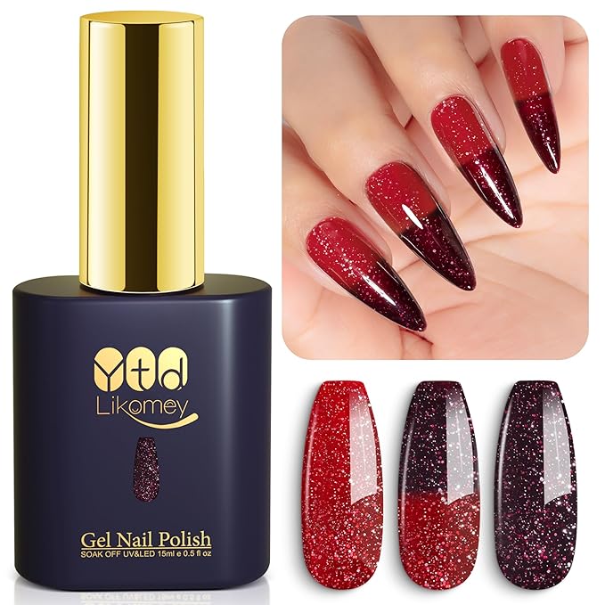 YTD Likomey Color Changing Gel Nail Polish,15ml Red To Dark Cherry Red Glitter Mood Temperature Change Colors Fall Winter Thermal Ombre Manicure Shimmer UV Varnish,HEMA Free TPO Free,WB504