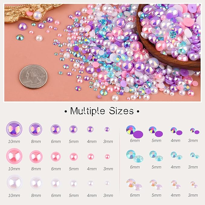 80g Flatback Pearls and Rhinestones for Crafting, Pink Purple 3-10mm Resin Rhinestones and Half Pearls for Bedazzling, Nail Art and Dec with 3pcs 10ml B7000 Jewelry Glue, Tweezer and Pickup Pencil