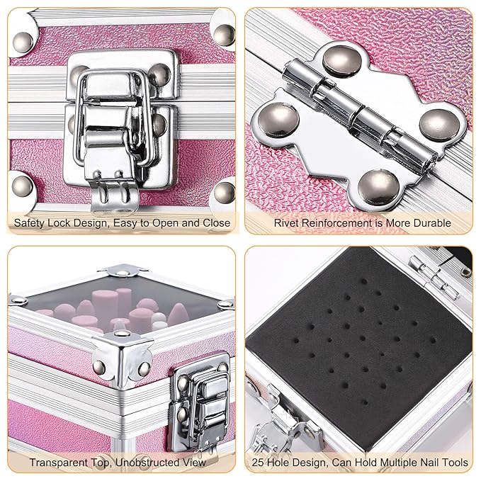 Noverlife Nail Drill Bit Holder Box, Pink 25 Holes Nail Art Polishing Grinding Drill Bit Holder Organizer Container Professional Manicure Tools