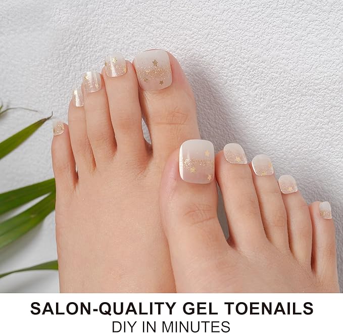 DANNI & TONI Semi Cured Gel Toenail Strips White Ombre (Celestial Sparkle) Gold Sparkles Gel Toenail Stickers Glazed Pedi Wraps 37 Stickers