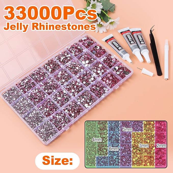 33000Pcs Dark Pink Resin Jelly Rhinestones for Bedazzling, 2-6mm Flatback Gems for Diamond Art, Bedazzler Kit with 3Pcs 10ml B7000 Jewelry Glue for Crafting Crafts Nail Art