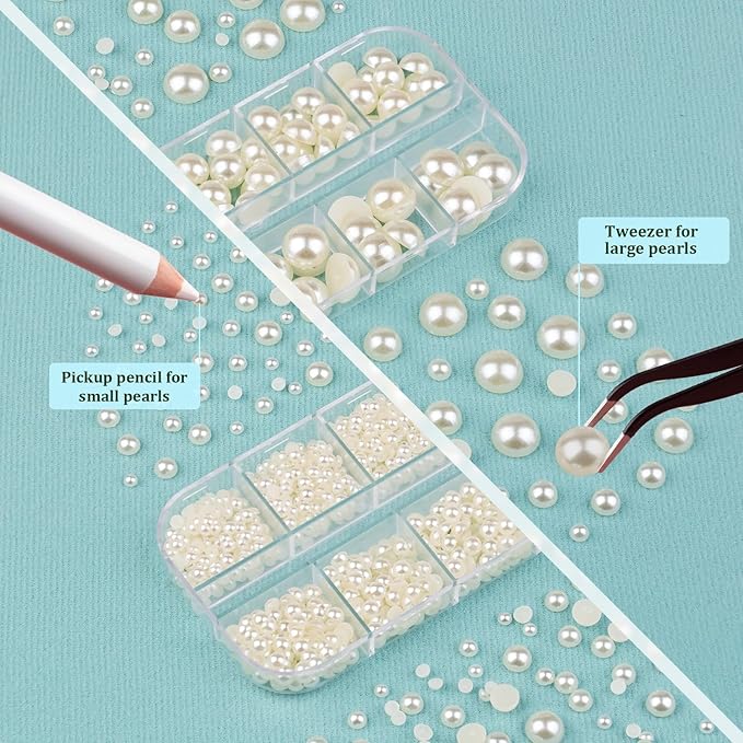 4 Boxes Flatback Pearls for Crafting, Flatback Beige Half Round Pearls 3-10mm with Pickup Pencil and Tweezer for Home DIY and Professional Nail Art, Face Makeup and Craft