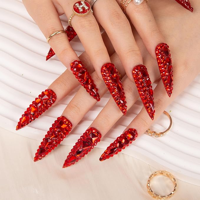 LOVFUL Press on Nails Flaming Luxury Red | Handmade with Full Covered Crystals | Reusable Full Cover Nails | Stiletto Mid Length 1.7 in | H39-S