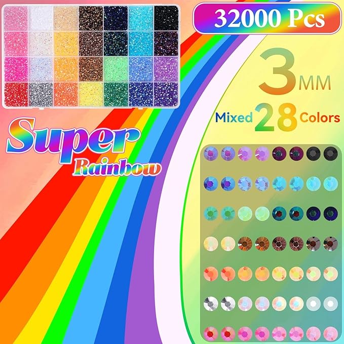 32000Pcs Rhinestones Bedazzling Kit with Tools, 3mm Color Resin Rhinestones for Bedazzling, Flatback Resin Gems for Crafts, Bedazzler Kit for Clothing Shoes DIY Face Makeup Tumblers