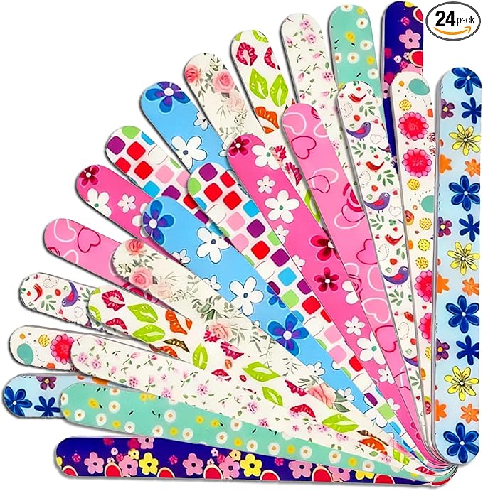 24 Nail Files, Colored Emory Plate Nail Files Double Sided 180 Grains Professional Manicure Emory Plate Buffer Pedicure Tools Nail Shaping Polishing Files (Flower Series, Count, 24, 100/180 Grit)