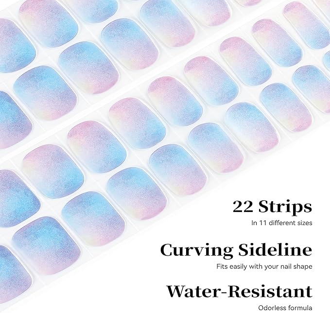 Semi Cured Gel Nail Strips Glazed Donut Blue Gel Nail Stickers with UV/LED Required Long Lasting Gel Nail Stickers Includes 22 Strips 2 Prep Pads, Nail File & Wooden Stick