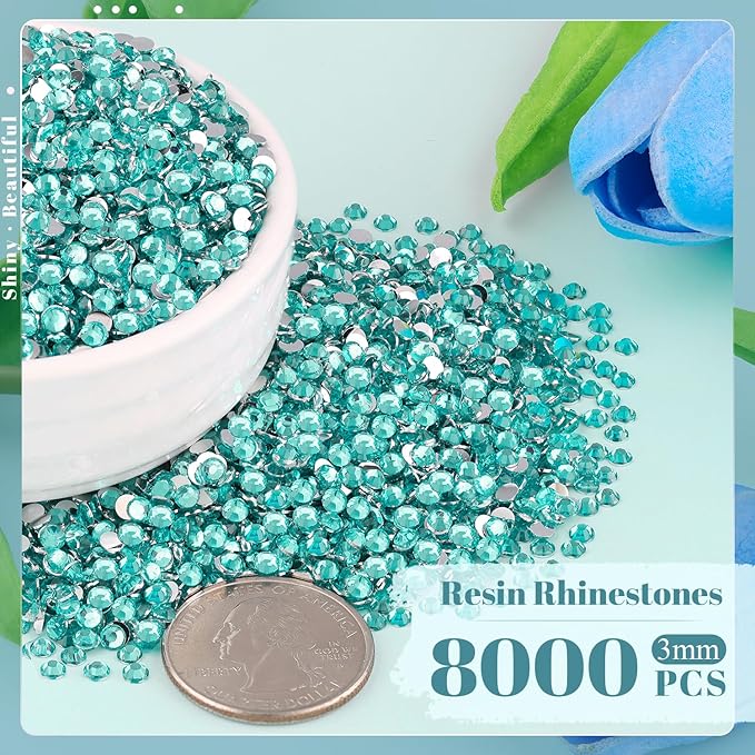 8000PCS 3mm Resin Rhinestones Bulk for Crafting (Lake Blue), Flatback Bedazzling Crystals for Crafts DIY Nail Decoration, Gems Charms for Tumbler Shoes Clothing Fabric with Pickup Pen and Tweezers