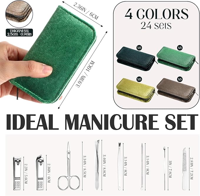 Coume 24 Sets Mini Manicure Set Bulk for Women Men Gifts for Coworkers Nail Grooming Kit 8 in 1 Nail Clippers Kit Luxurious Travel Case Stainless Steel Nails Clipper Set(Green Series)