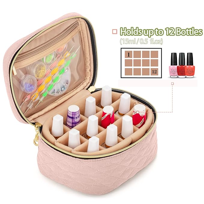 Yarwo Nail Polish Organizer Bag Holds 12 Bottles (15ml/0.5 fl.oz), Travel Carrying Case for Nail Polish and Manicure Kit, Dusty Rose (Bag Only, Patent Pending)