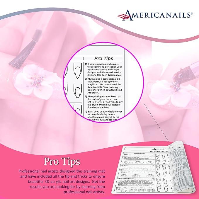 Americanails 3D Acrylic Nail Art Training Mat - Silicone Trainer Sheet for 3D Acrylic Nail Art Design - Step-by-Step Instructions & Diagrams - Create Hearts, Bows & Flowers - Protects Desk Surface
