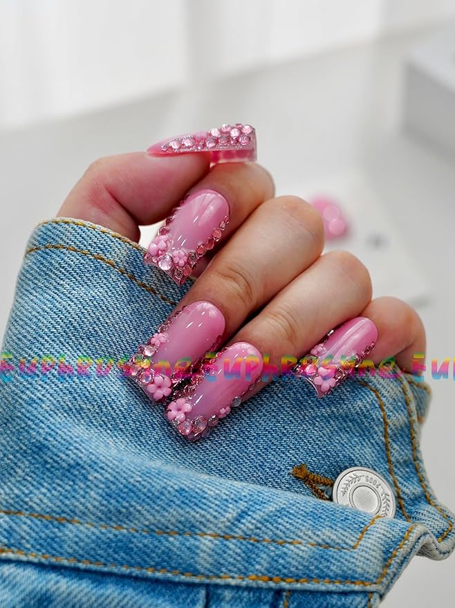 10PCS Hot Pink Rhinestone Press On Nails – Long Coffin Fake Nails with Full Crystal Borders, Glossy Reusable Sparkly Nails for Women and Girls – Euphrosyne